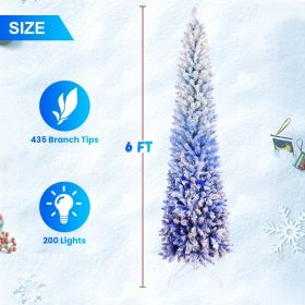 Pencil Christmas Tree Snow Flocked Hinged Artificial Xmas Tree With Gradient Blue Leaves Branch Tips With LED Warm White Lights (Option: 6ft)