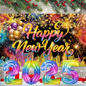 Happy New Year Background Cloth With 32 Inch Balloons Fireworks Designs New Year Backdrop Decor Holiday Photo Studio Props For 2025 New Year Part (Option: 1Set)