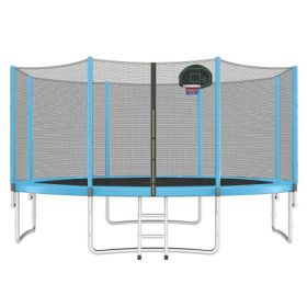 14FT Trampoline For Kids With Safety Enclosure Net, Basketball Hoop And Ladder, Easy Assembly Round Outdoor Recreational Trampoline (Color: Blue)